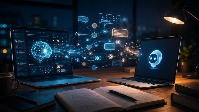 Deux postes de travail face à face, reliés par un flux de données lumineux et des bulles de dialogue